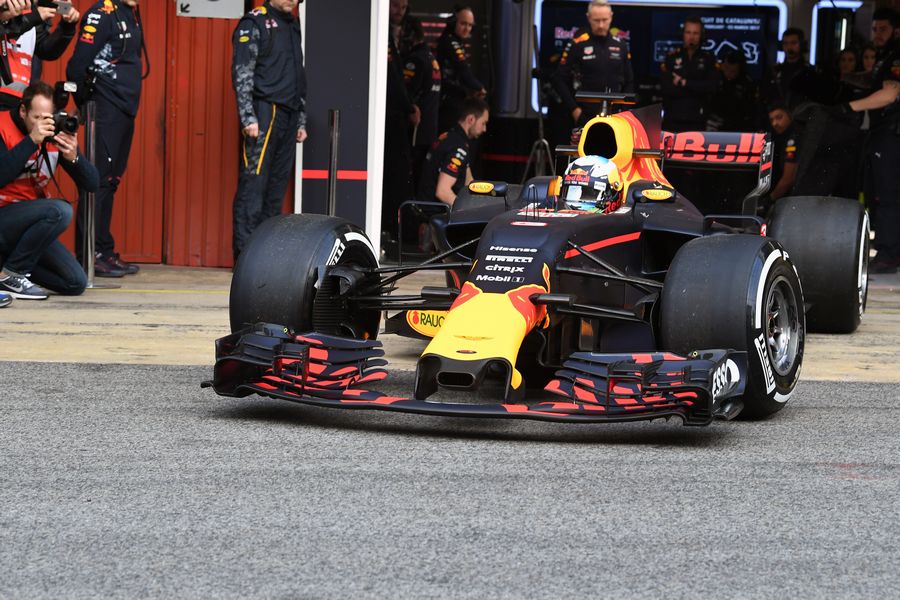 Daniel Ricciardo pulls out of the Red Bull garage in the RB13