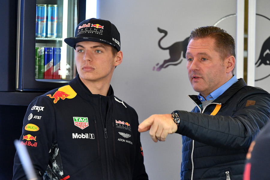 Max Verstappen watches the test session with his father Jos Verstappen