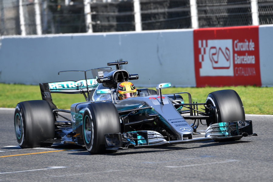 Lewis Hamilton on track in the Mercedes W08