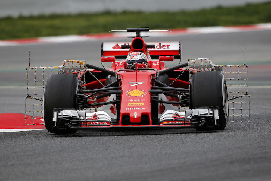 Kimi Raikkonen on track in the Ferrari SF70-H with aero sensors