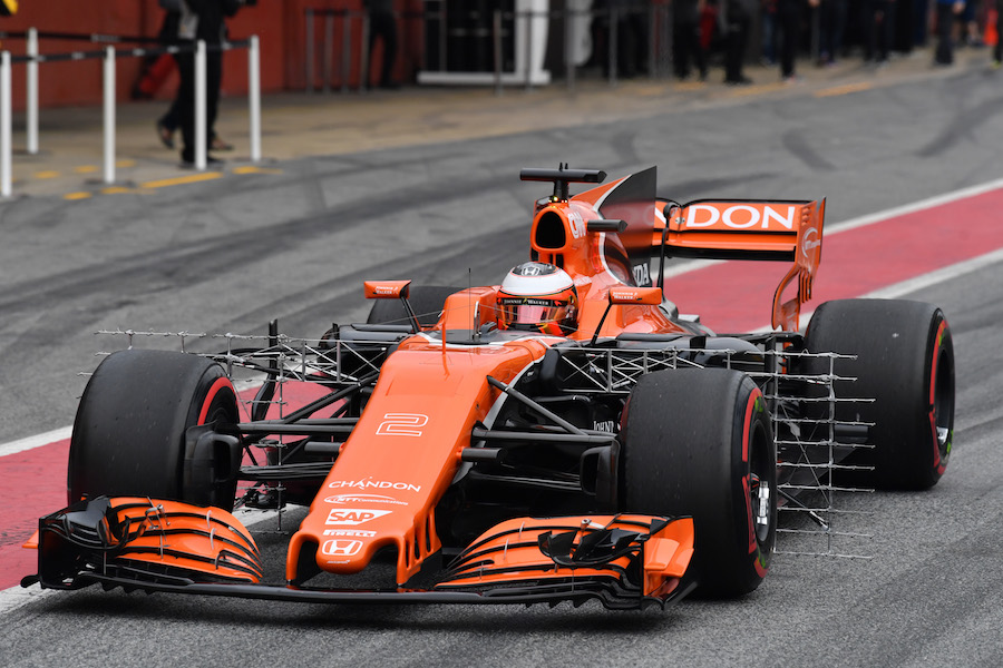 Stoffel Vandoorne leaves the pit lane in the McLaren MCL32 with aero sensor