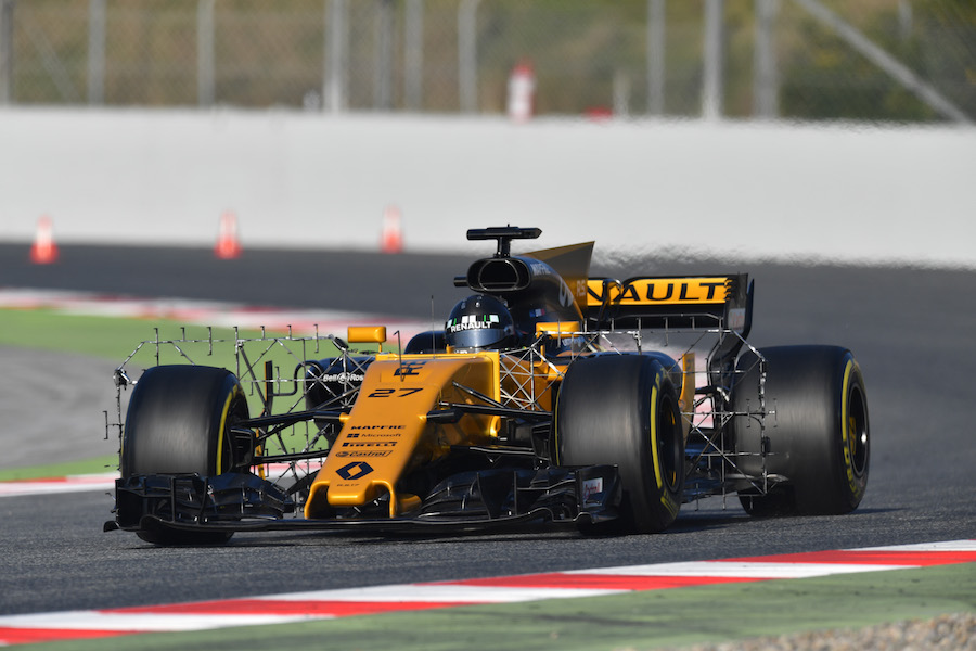 Nico Hulkenberg on track in the Renault with aero sensors