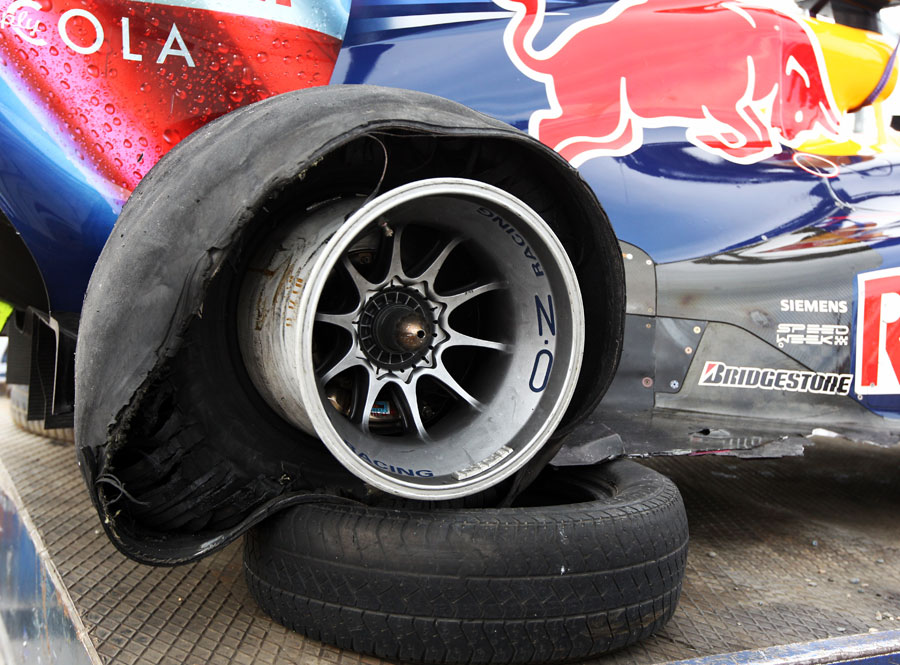 Sebastian Vettel's right rear tyre after colliding with Mark Webber