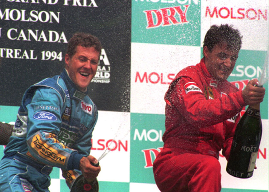 Michael Schumacher celebrates winning the 1994 Canadian Grand Prix