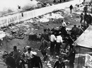 The wreckage at the Le Mans racecourse the day after Pierre Levegh's Mercedes crashed through the barrier into the crowds