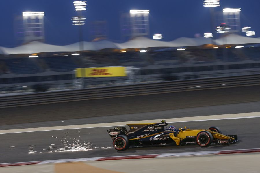 Sparks fly from Jolyon Palmer's Renault 