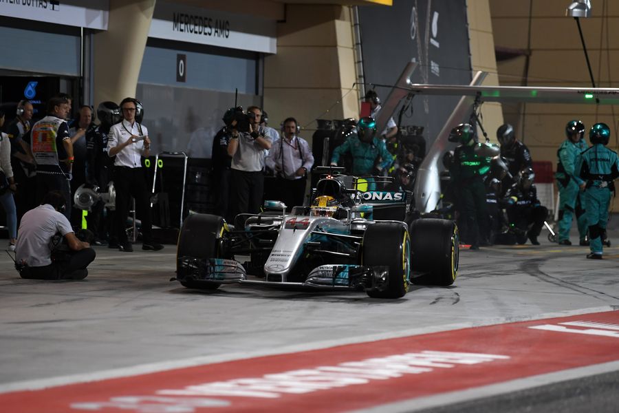 Lewis Hamilton leaves the pit