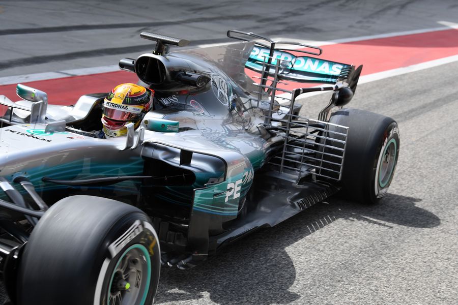 Lewis Hamilton leaves the pit lane decked out with aero sensors