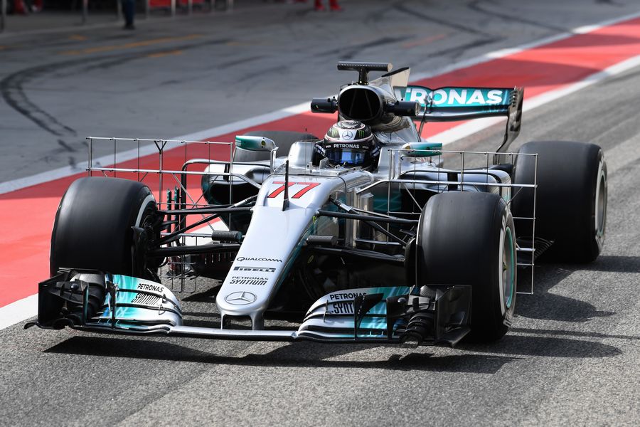 Valtteri Bottas leaves the pit lane decked out with aero sensors