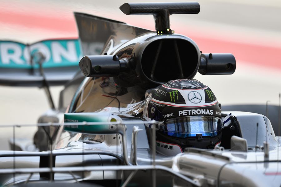 Valtteri Bottas sits in the Mercedes cockpit