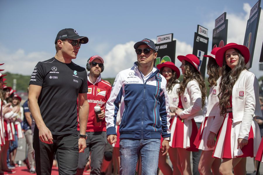 Valtteri Bottas, Felipe Massa and Sebastian Vettel on the drivers parade
