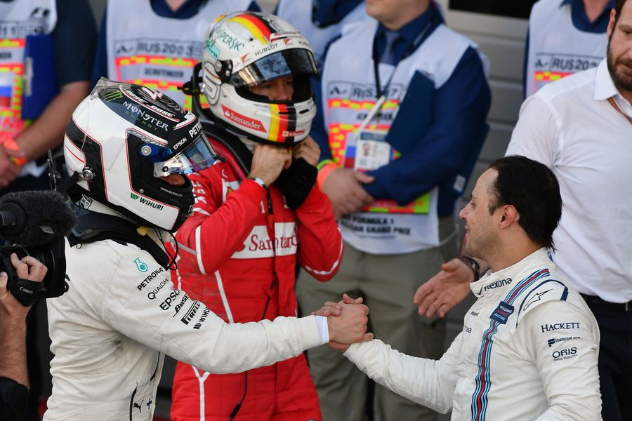 Valtteri Bottas and Felipe Massa celebrate in parc ferme