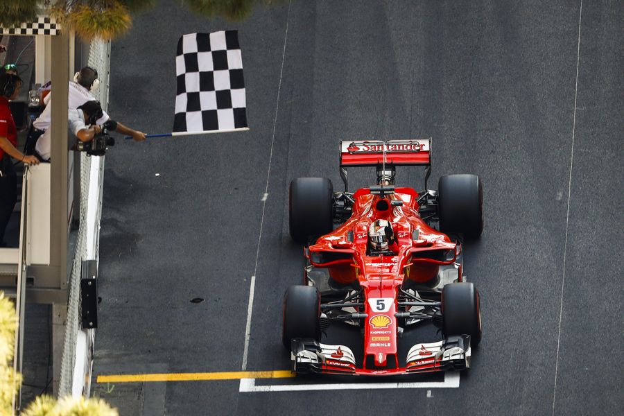 Sebastian Vettel crosses the line
