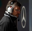 Ross Brawn oversees activity in the Mercedes garage