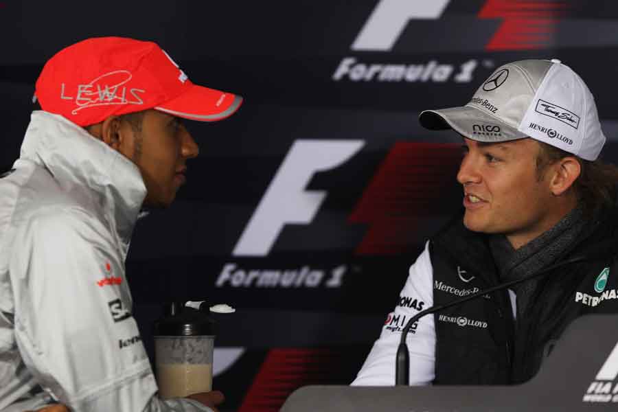 Lewis Hamilton chats with Nico Rosberg