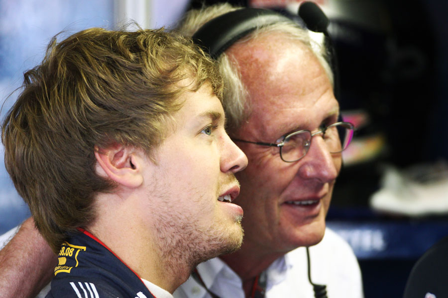 Sebastian Vettel and Helmut Marko in the Red Bull garage