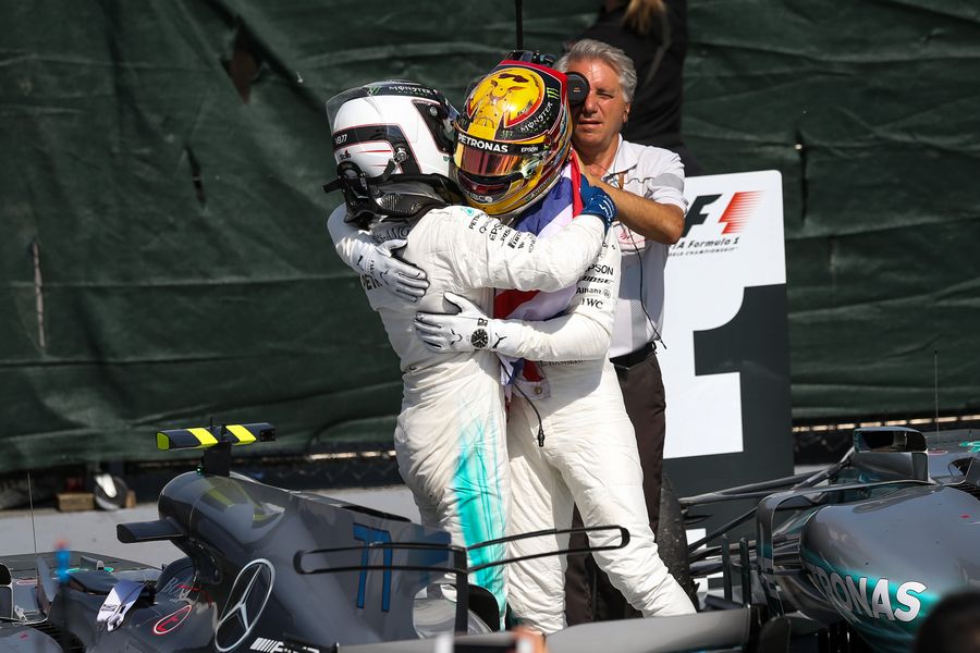 Lewis Hamilton and Valtteri Bottas celebrate in parc ferme