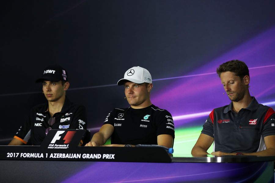 Esteban Ocon, Valterri Bottas and Romain Grosjean in the Press Conference