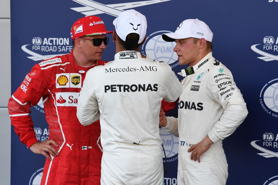 Kimi Raikkonen, Lewis Hamilton and Valtteri Bottas in parc ferme