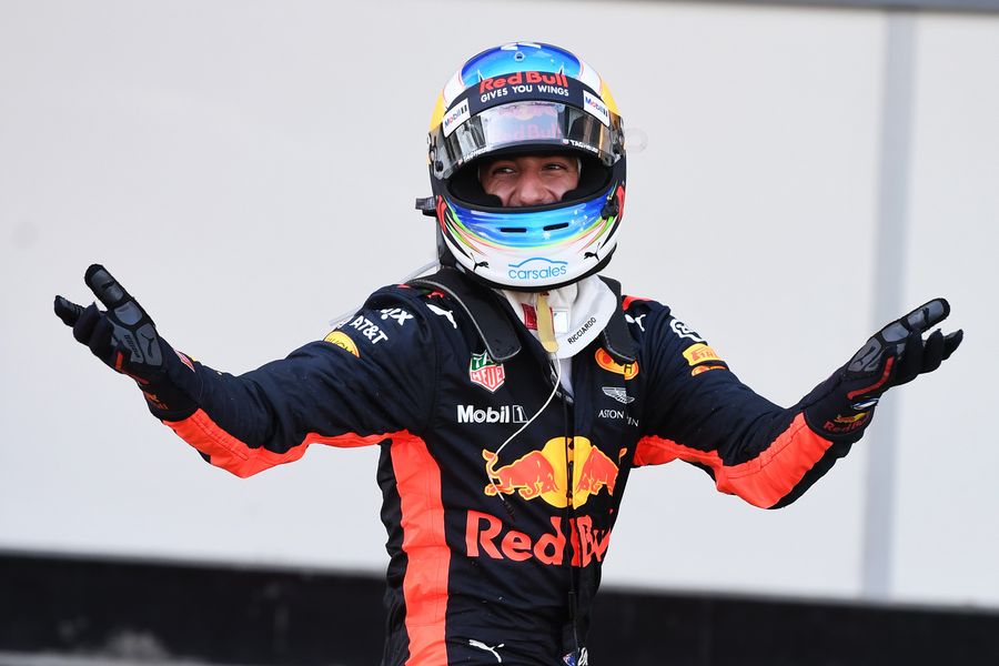 Race winner Daniel Ricciardo celebrates in parc ferme