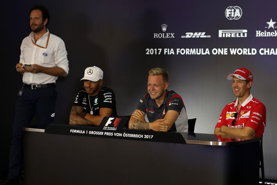 Lewis Hamilton, Kevin Magnussen and Sebastian Vettel in the Press Conference