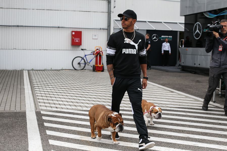 Lewis Hamilton with his dogs Coco and Roscoe
