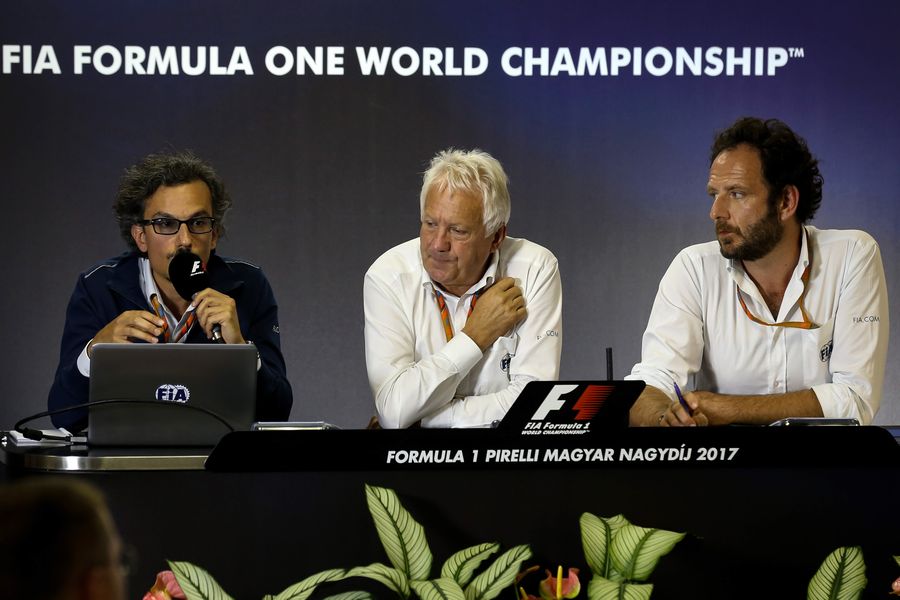 Laurent Mekies, Charlie Whiting and Matteo Bonciani in the Press Conference for the Halo device