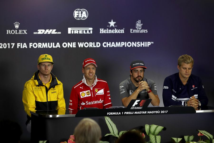 Nico Hulkenberg, Sebastian Vettel, Fernando Alonso and Marcus Ericsson in the Press Conference