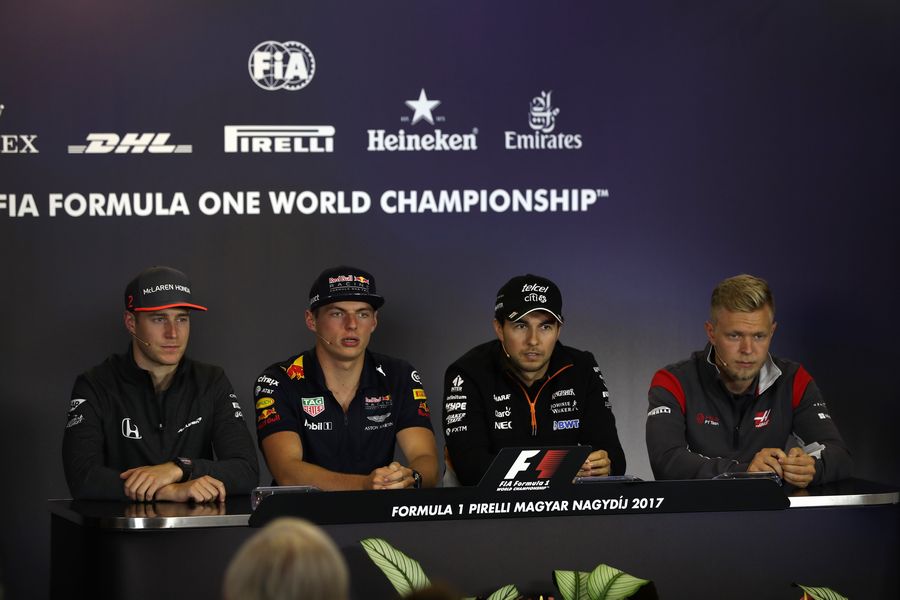 Stoffel Vandoorne, Max Verstappen, Sergio Perez and Kevin Magnussen in the Press Conference