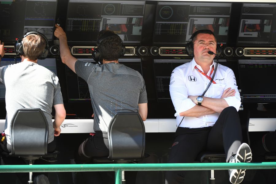 Eric Boullier on the pit wall gantry