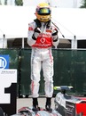 A victorious Lewis Hamilton after winning the Canadian Grand Prix