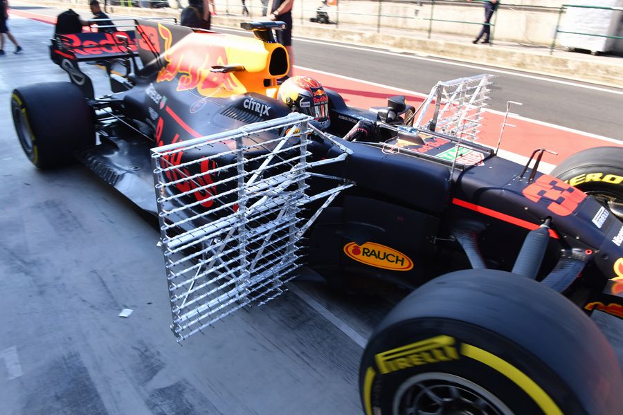 Max Verstappen leaves the pit lane decked out with aero sensors