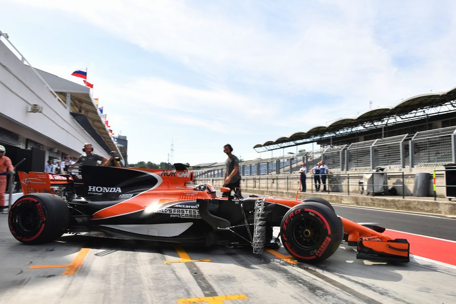 Lando Norris pulls out of the McLaren garage