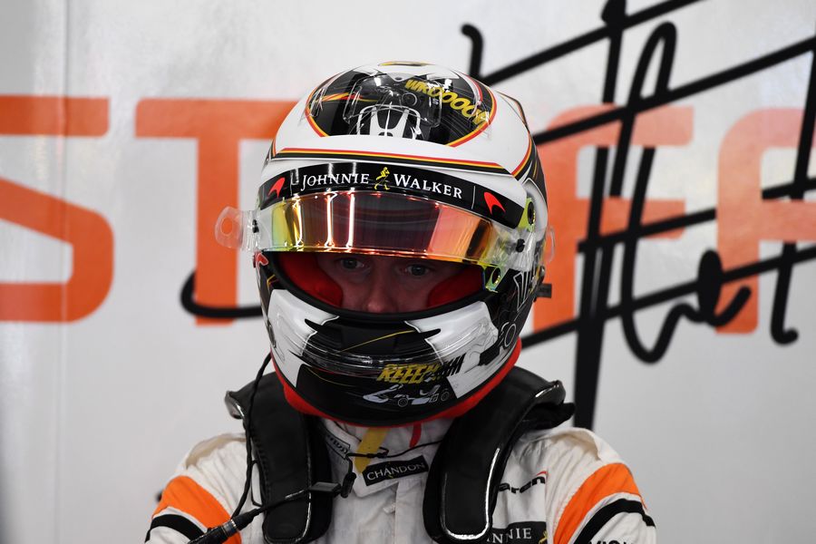 Stoffel Vandoorne in the McLaren garage