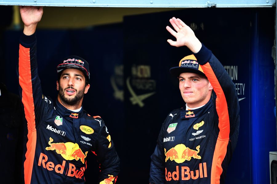 Daniel Ricciardo and Max Verstappen celebrate in parc ferme