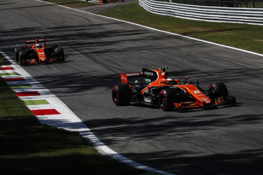 Stoffel Vandoorne and Fernando Alonso on track in the McLaren