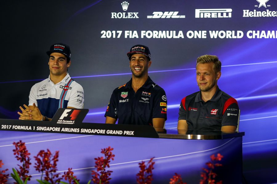 Lance Stroll, Daniel Ricciardo and Kevin Magnussen in the Press Conference