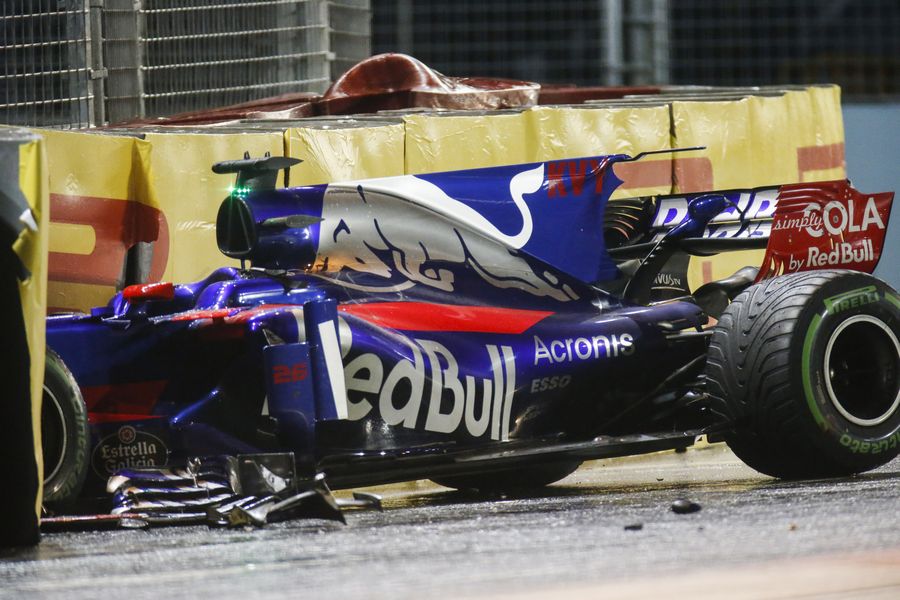 The crashed car of Daniil Kvyat in the Toro Rosso
