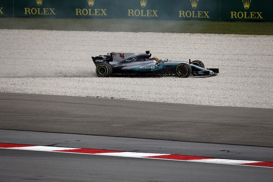 Lewis Hamilton runs wide into the gravel