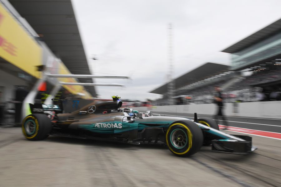 Valtteri Bottas pulls out of the Mercedes garage