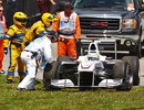Pedro de la Rosa's Sauber grinds to a halt with an engine failure