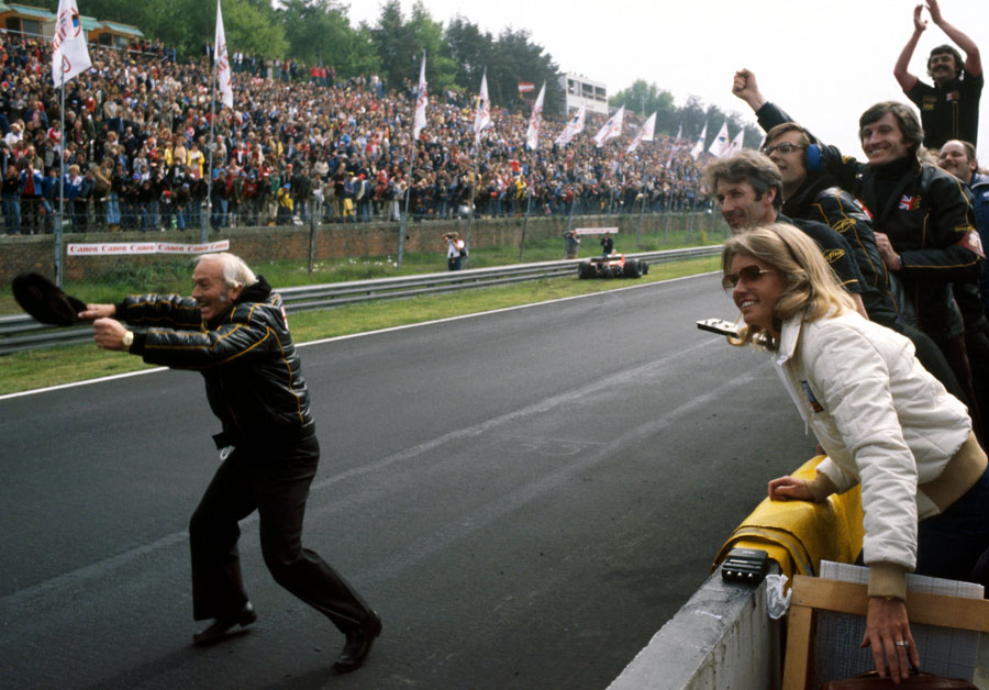 Colin Chapman celebrates victory for Lotus