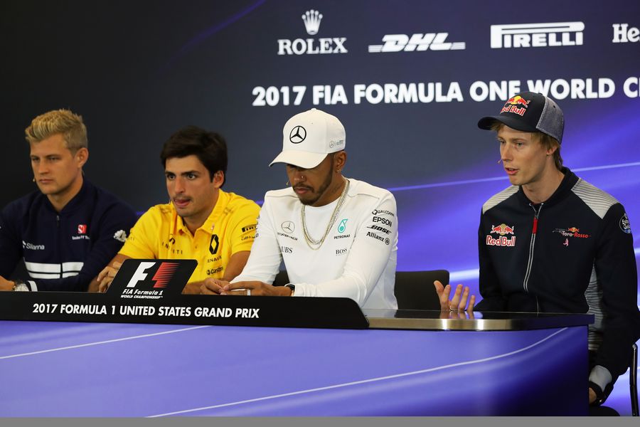 Marcus Ericsson, Carlos Sainz jr, Lewis Hamilton and Brendon Hartley in the Press Conference