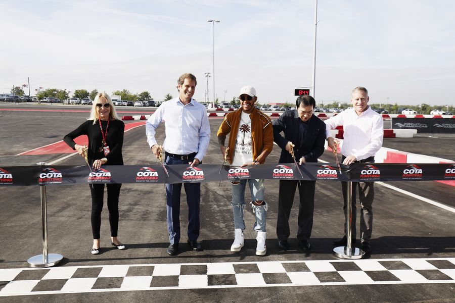 Lewis Hamilton opens the COTA Kart Track with Bobby Epstein US GP Promoter