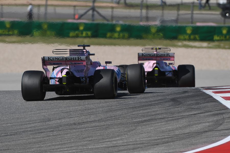 Sergio Perez and Esteban Ocon on track in the Force India