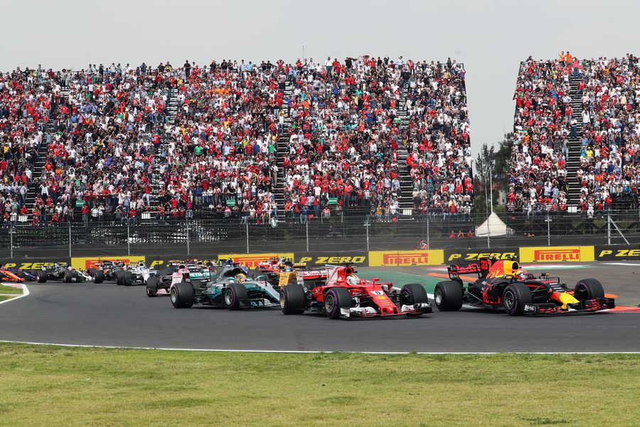 Max Verstappen leads Sebastian Vettel and Lewis Hamilton at the start of the race
