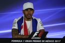 World Champion Lewis Hamilton in the Press Conference with the Union Jack Flag