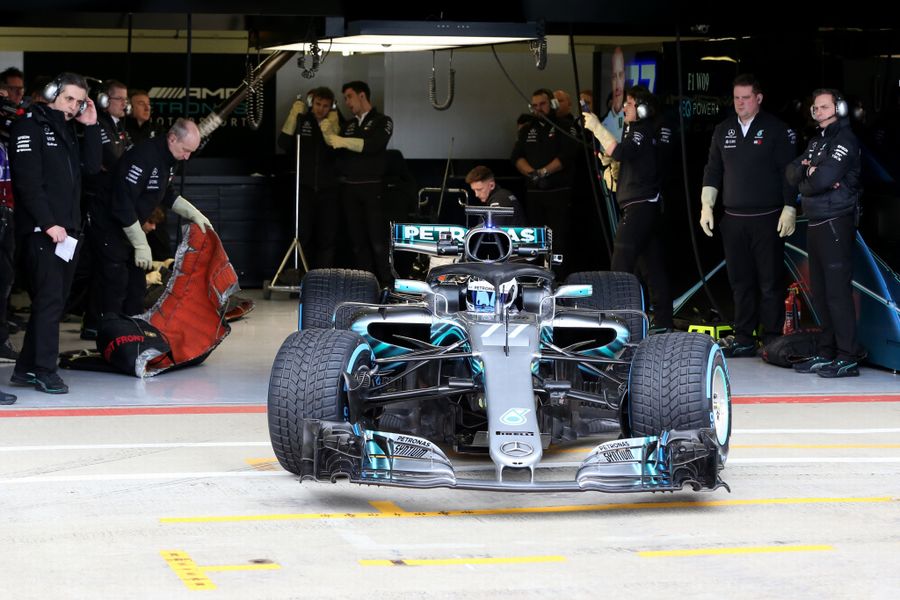 Valtteri Bottas leaves the Mercedes garage for the first run