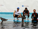 HRT drivers Bruno Senna and Karun Chandhok with dolphins at L'Oceanogràfic aquarium in Valencia
