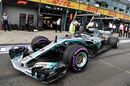 Valtteri Bottas pulls out of the Mercedes garage